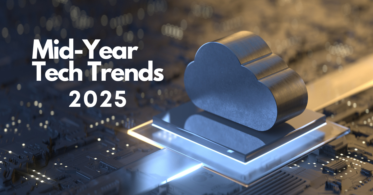 Mid-Year-Tech-Trends-2025 Metallic cloud icon on top of a glowing microchip, representing cloud computing and digital infrastructure, with text 'Mid-Year Tech Trends 2025'—symbolizing emerging technology trends for 2025