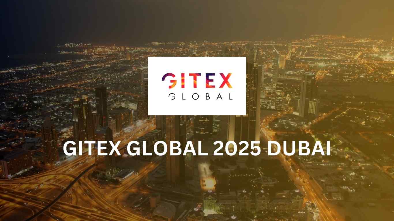 Night aerial view of Dubai city skyline with GITEX Global 2025 Dubai logo in the center, highlighting the upcoming tech event."