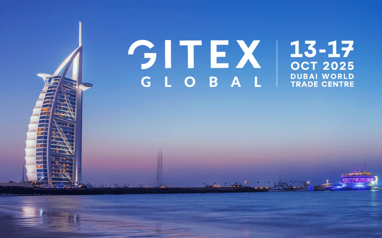 GITEX Global 2025 banner showing Burj Al Arab at sunset, with event dates October 13–17, 2025 at Dubai World Trade Centre.
