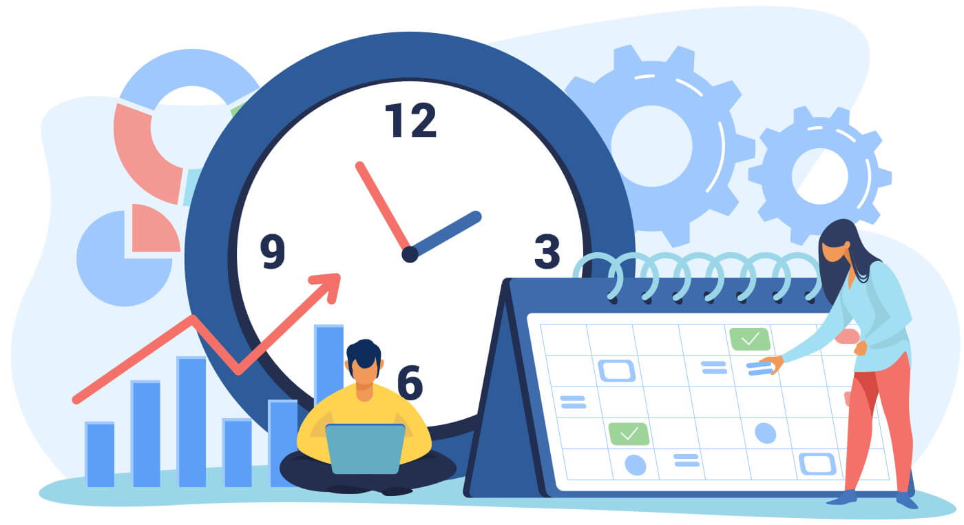 Illustration of time management and productivity tracking, showing a large clock, a digital calendar, charts, gears, and people planning tasks and analyzing performance.