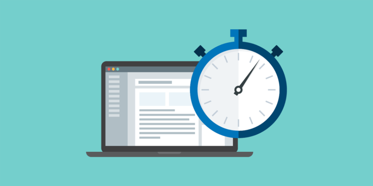 Illustration of a laptop displaying a document with a stopwatch in front, symbolizing time tracking or productivity monitoring in a digital work environment.