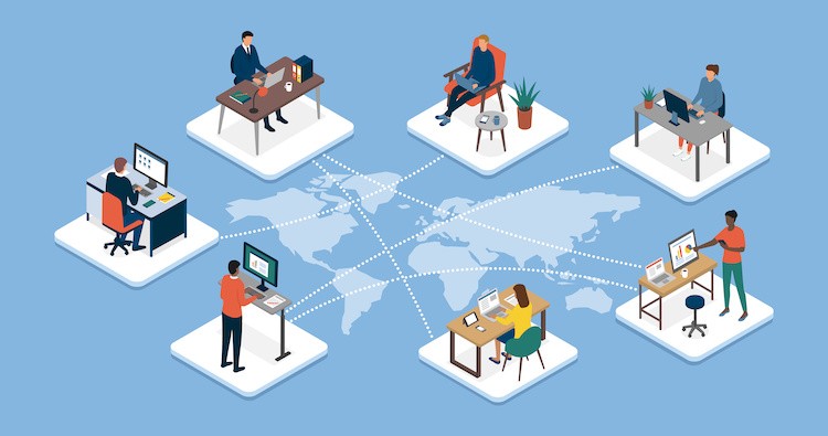 Illustration of remote employees working from different locations worldwide, connected through digital collaboration.