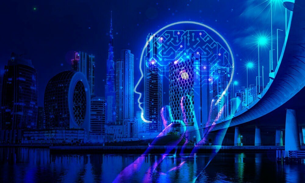 Digital illustration of artificial intelligence integrated with a futuristic city skyline in Dubai, symbolizing AI innovation in the Gulf region.