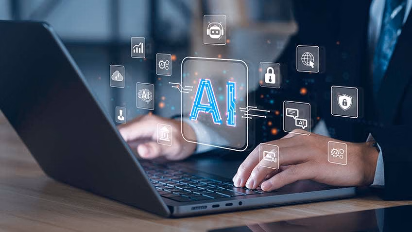 Digital illustration of a human head with AI circuit patterns overlaid on a futuristic city skyline in Dubai, symbolizing artificial intelligence and smart technologies in the Gulf.